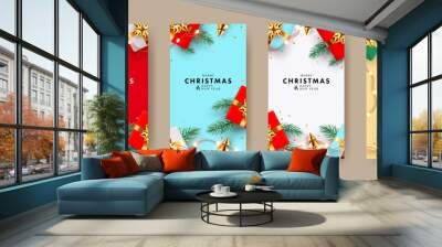 Xmas and New Year modern design with realistic gift boxes, pine branches, gold conical Christmas trees and garland lights. Holiday Set of gift cards, labeles, web banners, social media stories, ads Wall mural