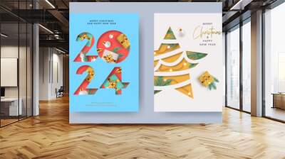 Xmas modern design set in paper cut style with Christmas tree, ball, star golden blue and white gifts, pine branches, lights and number 2024. Christmas cards, posters, holiday covers or banners Wall mural