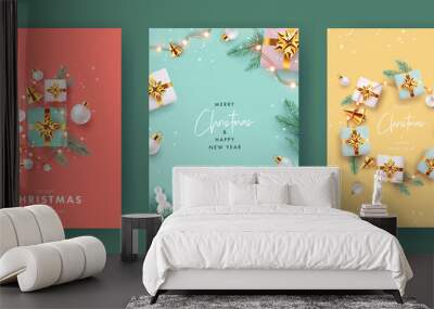 Xmas modern design with 3d realistic golden gift boxes, pine branches, golden conical Christmas trees, balls and falling snow. Christmas Set of greeting cards, posters, holiday covers, web banners Wall mural