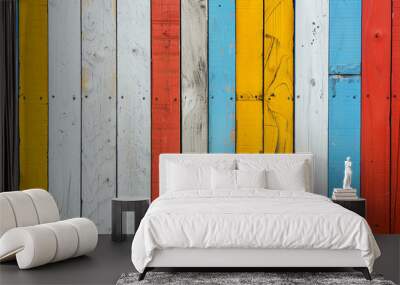 Yellow, red, white blue wooden planks. Textured abstract backdrop. Wall mural