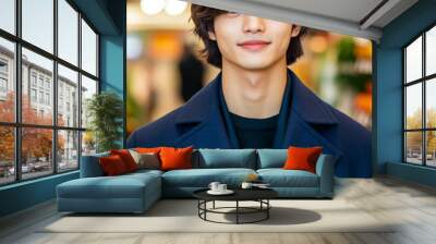 Young Asian man in blue coat carries a paper bag full of vegetables in a grocery store, focusing on eco-friendly choices and nutritious food. Wall mural