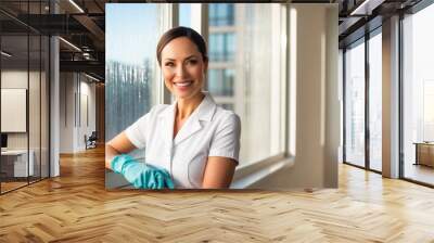  portrait woman smiling in protective gloves, house cleaning service Wall mural