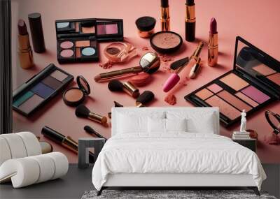 assorted makeup cosmetics on a color background Wall mural