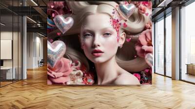 Beautiful glamour girl, heart, flowers elegant Wall mural