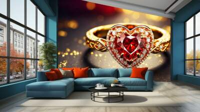 Beautiful gold ring with a red diamond in the shape of a heart congratulation Wall mural