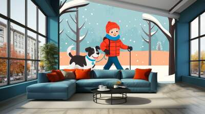 boy with dog walking in park in winter, flat design, cartoon illustration Wall mural