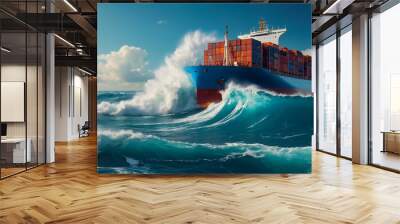 Cargo ship in a  storm ocean Wall mural