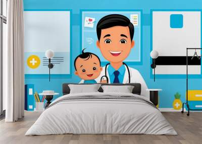 cartoon male doctor pediatrician with baby , flat design illustration Wall mural