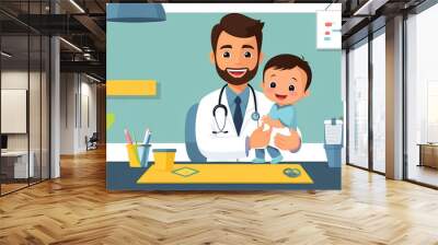 cartoon male doctor pediatrician with baby , flat design illustration Wall mural