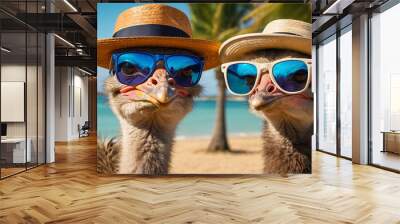 Cartoon ostrich with glasses and hat on the beach vacation Wall mural