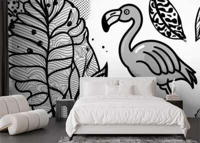 Coloring page, cute flamingo Wall mural