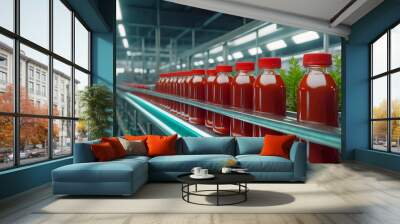 conveyor line with ketchup bottles Wall mural