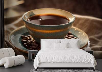 Cup of coffee with beans on the table morning Wall mural