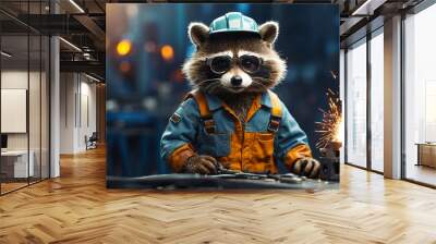 cute cartoon activity  raccoon in work clothes Wall mural