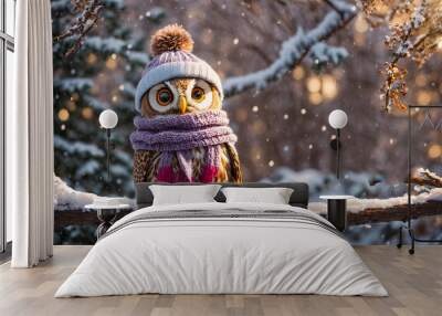 Cute cartoon owl, snow Wall mural