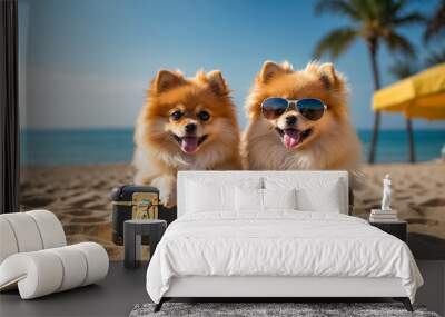 Cute dog on the beach with a suitcase Wall mural