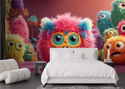 Cute furry cartoon monster with eyes Wall mural