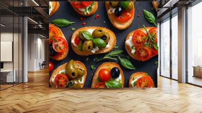 Delicious bruschetta with tomatoes, cheese, traditional Italian food Wall mural