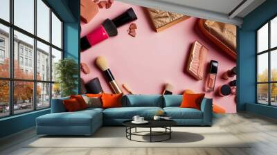 different makeup cosmetics on a color background accessories Wall mural