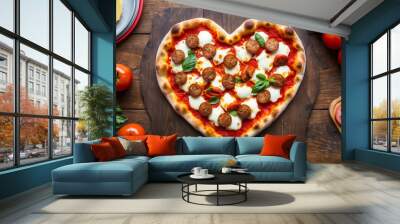 dinner appetizing pizza with sausage and tomatoes in the shape of a heart on an old wooden background Wall mural