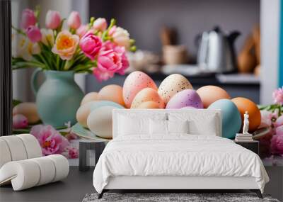 Easter eggs in pastel colors, beautiful flowers in the kitchen concept Wall mural