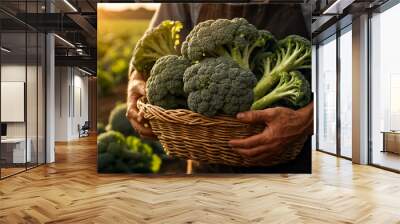 Farmer's hands holding basket with fresh broccoli harvest, field seasonal Wall mural