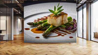 Fish with asparagus in a plate, dinner Wall mural