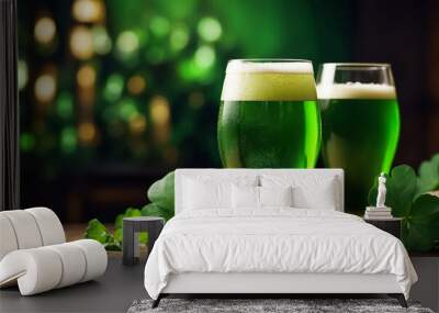 Glasses with  cold green beer, clover leaves background Wall mural