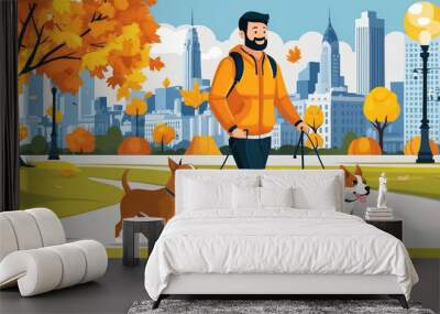 guy with dog walking in park autumn, flat design, cartoon illustration Wall mural