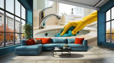 hand in rubber glove cleaning sink in bathroom, concept of cleanliness Wall mural