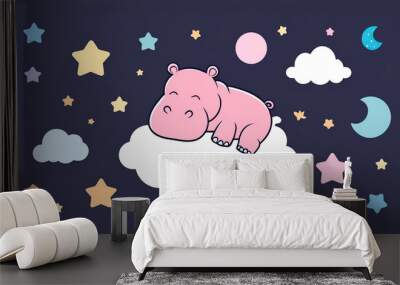 Little cartoon hippo sleeping on a cloud, flat design illustration Wall mural