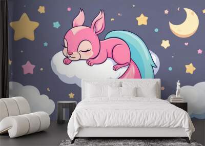 Little cartoon squirrel sleeping on a cloud, flat design illustration Wall mural