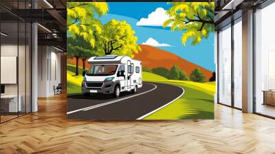 Motorhome driving on the road in summer, flat design illustration banner Wall mural