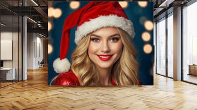 Portrait of a beautiful blonde hair girl in a Santa hat Wall mural