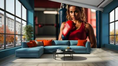 Portrait of a beautiful girl in boxing gloves in the gym Wall mural