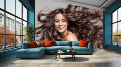 Portrait of a beautiful girl with very long dark hair Wall mural