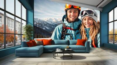 Portrait of a man and woman in ski clothes against a background of mountains Wall mural