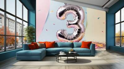 Shiny number 3 balloon, confetti, festive background Wall mural