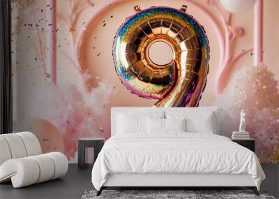 Shiny number 9 balloon, confetti, festive design background Wall mural