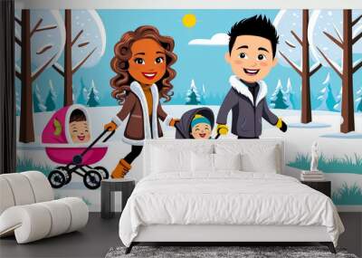 Stylish young parents walking with a stroller in the park winter cartoon style, flat design illustration Wall mural