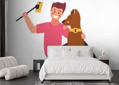 Selfie, guy and dog are photographed. Cartoon. Vector illustration Wall mural