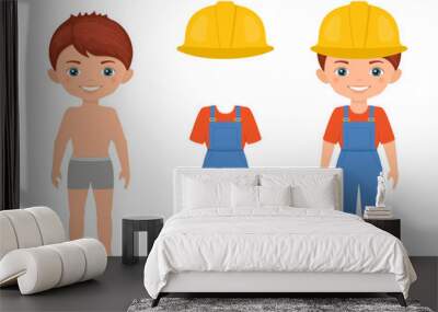 Dress up cute boy in workwear. Paper doll character template.Cartoon flat style Wall mural