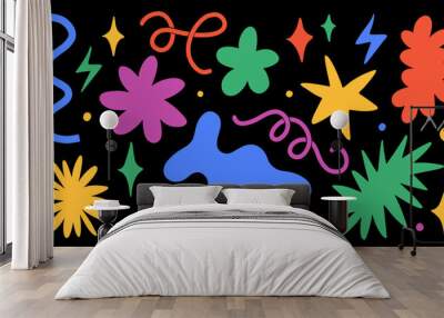 abstract cloud and flower shapes sticker pack. groovy funky flower, bubble, star, loop, waves in tre Wall mural