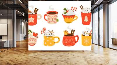 Christmas and Happy New Year set. Mugs of cacao with whipped cream, marshmallow and candy cane. Greeting card for Xmas, New year or winter holidays. Vector design template. Wall mural