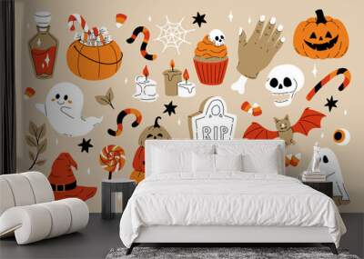 Cute kids Halloween set. Happy pumpkin, funny bat character, creepy ghost, skull, web, candy and witch hat. October holiday stickers, design elements bundle. Isolated flat vector illustrations Wall mural