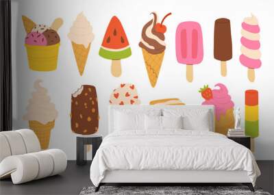 Desserts, sweet eating set. Yummy street food, confectionery snacks. Cone waffle with filling, icecream balls in cup, ice-cream in cone. Flat vector illustrations isolated on white background Wall mural