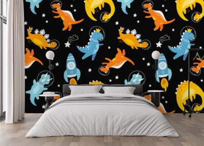 Dino in space seamless pattern. Cute dragon characters, dinosaur traveling galaxy with stars, planets. Kids cartoon vector background. Illustration of astronaut dragon, kids wrapping with cosmic dino Wall mural