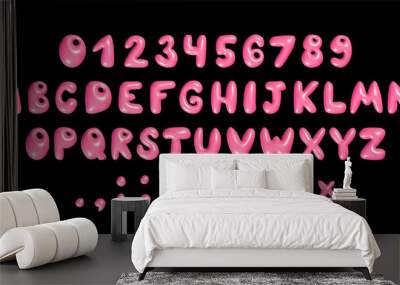 Glossy 3D pink bubble font in Y2K style. Playful design inspired by 2000s or 90s, inflated balloon letters. Trendy English type. Realistic illustration Wall mural