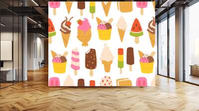 Ice cream seamless pattern. Yummy street food, confectionery snacks. Cone waffle with filling, icecream balls in cup, ice-cream in cone. Flat vector cartoon background isolated on white background Wall mural