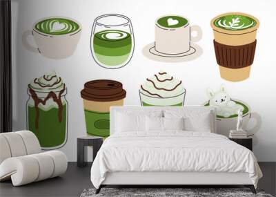 Japan matcha latte set. Flat cartoon illustration of matcha drinks. Matcha latte with foam art, heart, rabbit, flower. Green matcha in various cups. Wall mural